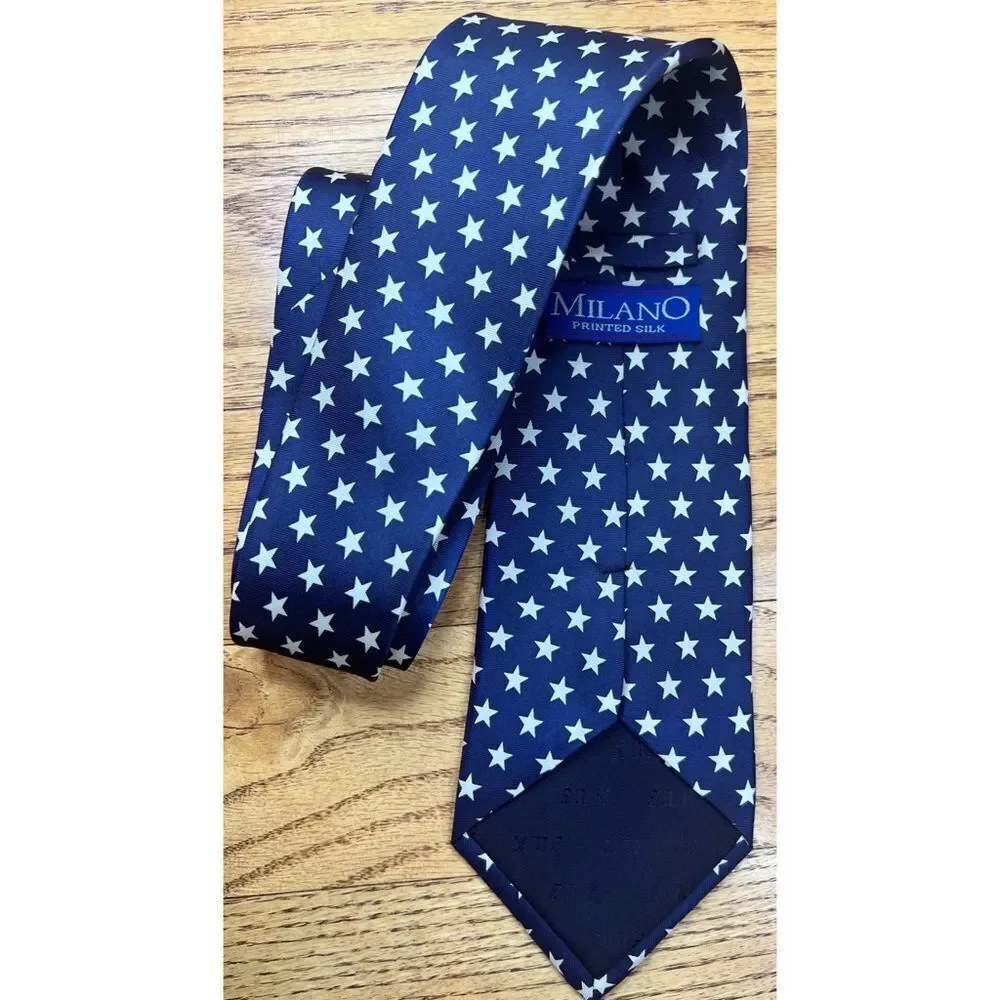 Milano Printed 100% Silk Neck Tie Navy Blue White Stars Patriotic USA America